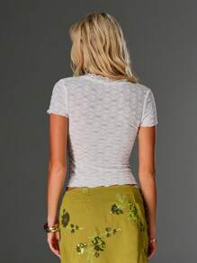 TRNVIE Spring & Summer Vacation Romantic White Lace Floral V-Neck Lace Trim Women T-Shirt - White - View 2