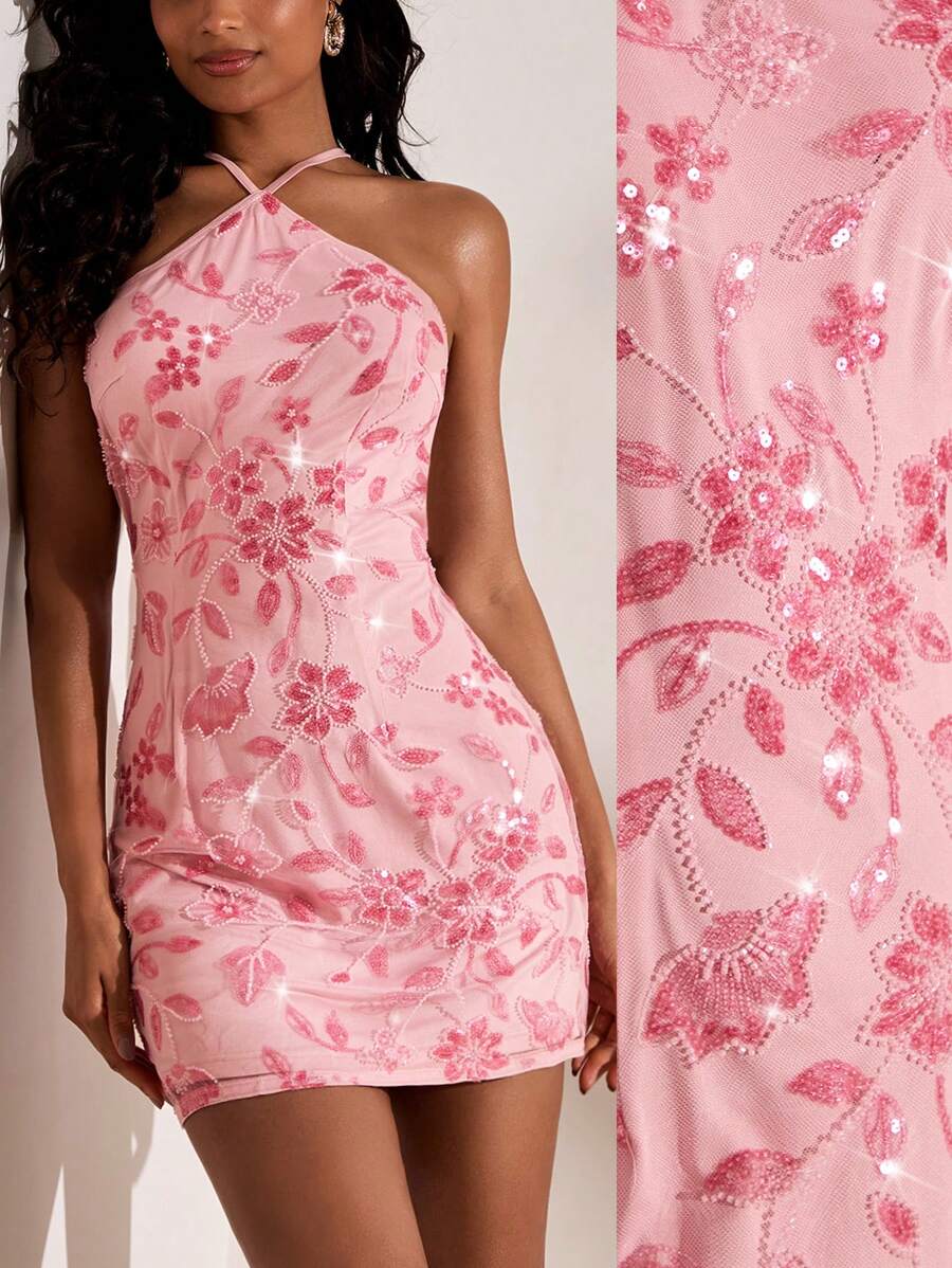 Opulessa Vestido corto de mujer con cuello de halter de tela con cuentas de unicolor