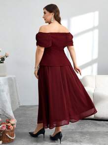 Modelyn Plus Size Women's Off Shoulder Chiffon Patchwork Blouse And 2 Pieces Set, Slimming - Burgundy - View 2