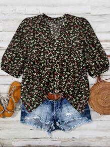 Linhara Chemise élégante et romantique avec manches lanternes, décolleté en V, découpes et imprimé floral éparpillé, pour les grandes tailles, style casual vacances plage et resort