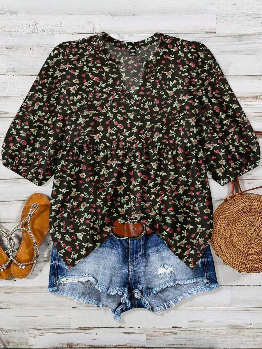 Linhara Chemise élégante et romantique avec manches lanternes, décolleté en V, découpes et imprimé floral éparpillé, pour les grandes tailles, style casual vacances plage et resort