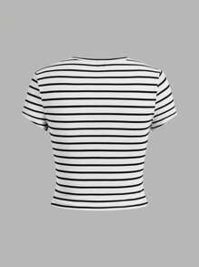 SHEIN EZwear 4件組女款休閒極簡碎花圖案圓領短袖修身短版T恤，適合夏季外出穿著 - 黑與白 - 查看 5