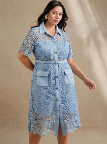 Anewsta 大码女式花卉蕾丝边优雅中长短袖连衣裙，时尚，适合春夏季服装 - 藍色 - 查看 5