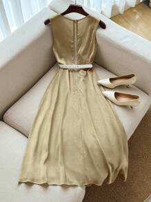 Franclia Summer Casual Vintage Style Sleeveless Round Neck Cinched Waist Dress, Elegant Prints Design - Khaki - View 2