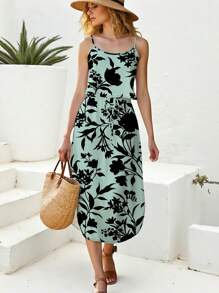 Shutterstock Glamance Women's Summer Floral Print Fitted Strap Slit Dress Summer Dresses For Women Business Casual Woman Office Outfits For Women Hawaii Outfits Women Day Night Outfits Women Travel Outfit Airport Streetwear Women Fall Clothes Modest - Green - View 7