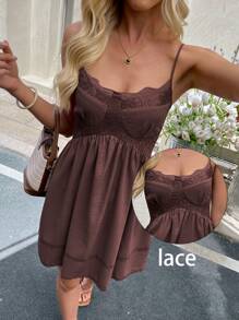 SHEIN LUNE 休闲女式蕾丝拼布荷叶边下摆迷你连衣裙，西式圣约翰 2025 年 7 月 4 日服装女士夏季连衣裙毕业礼服夏季连衣裙女士连衣裙夏季西部服装女士乡村音乐会服装露肩连衣裙蕾丝连衣裙女士西部服装露肩连衣裙乡村服装女士紧身胸衣连衣裙 - 棕色 - 查看 3