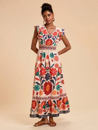 Travachic Vestido con cuello en V y mangas de campana estampado tejido para mujer, atuendo de verano, ropa de playa, primavera y verano, Pascua, atuendos de playa para mujer, Spring Break, atuendos de vacaciones para mujer, atuendo de concierto para mujer, BOHO, bohemio, festival de música, atuendos del 4 de julio, vestido del 4 de julio, atuendos de vacaciones, vestido de vacaciones