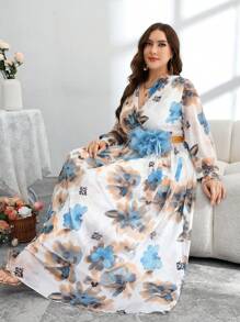 Modelyn 女式加大码优雅花卉印花网眼中长连衣裙 - 彩色 - 查看 3