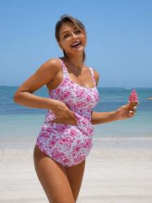 SHEIN Maternity Ditsy Floral Ruched Round Neck Tankini Set - Tank Top & Panty For Summer Beach Vacation