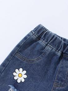 Baby Girl Casual Fashion Floral Print Distressed Comfortable Elastic Waist Jeans, 2025 Spring/Summer New Collection, Suitable For Daily Wear - Medium Wash - View 7