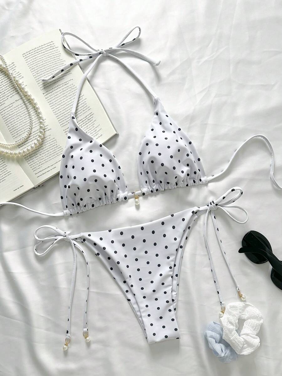 Swim Mod Springbreak Women's Bikini Swimsuit Set, Polka Dot Print For Summer Beach Vacation - White - View 1