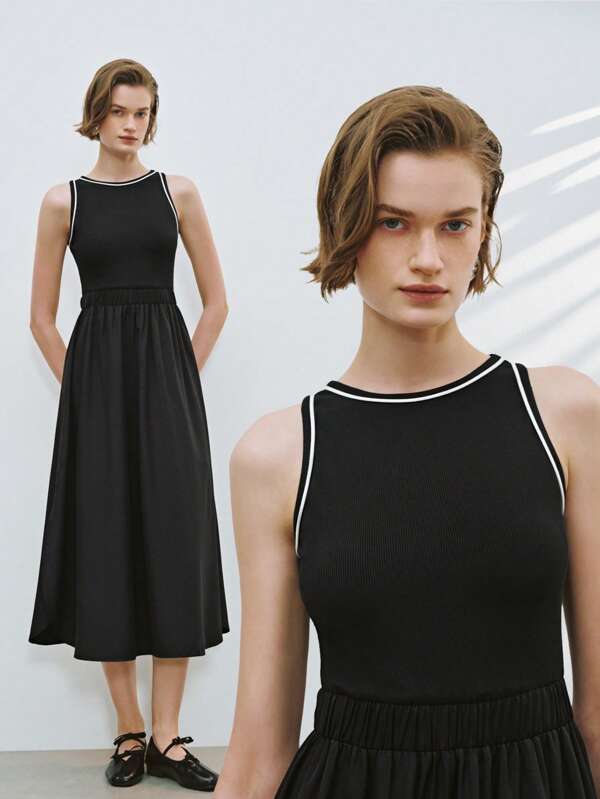 Lumivelle Color Block Sleeveless Crew Neck Casual Midi Dress For Spring