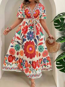 Breezaya Robe midi d'été à foulards, col en V, ceinturée, avec volants à l'ourlet, imprimé art abstrait tropical, pour grande taille