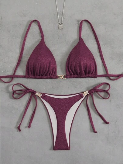 Swim Vcay 女士纯色金属面料细肩带装饰海滩度假比基尼套装，夏季