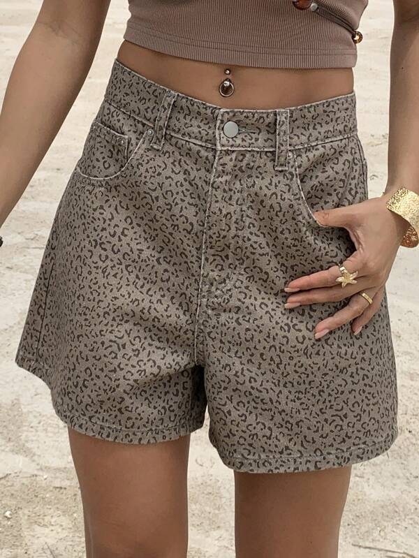 DAZY Women's Leopard Print Loose Casual Denim Shorts, Summer