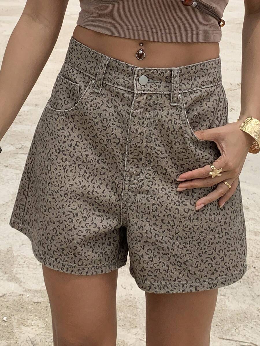 DAZY 女士豹纹宽松休闲牛仔短裤，夏季