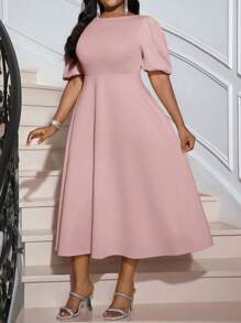 SHEIN Lady 春夏优雅通勤办公室粉色针织圆领喇叭泡泡袖中长短袖大码连衣裙女士办公室服装女士连衣裙优雅夏季女士服装 - 粉色 - 查看 5