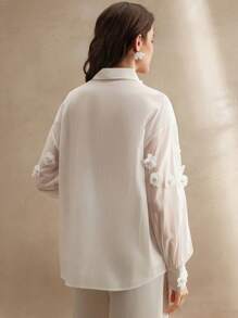 Anewsta 优雅玫瑰花卉拼接修身透明女式衬衫 - 白色 - 查看 3