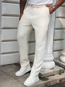 Manfinity Homme Plus Size Men's Casual Business Simple Solid Slant Pocket Suit Pants - Apricot - View 1