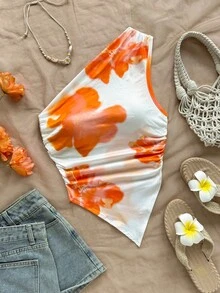 Soleia 女士扎染超大花卉印花单肩褶饰不对称下摆修身衬衫，非常适合度假穿着 - 彩色 - 查看 1