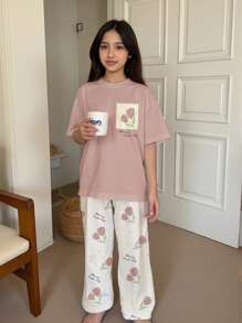 SHEIN Tween Girls' Casual Minimalist Round Neck Short Sleeve & Pants Pajama Set, Suitable For Summer - Multicolor - View 3