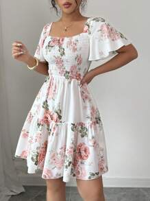 Elenzga Women Floral Print Sashes Ruffle Hem Short Sleeve Casual Dress, Vacation Style - Multicolor - View 5