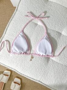 Swim Mod 女式夏季纯色提花金属装饰吊带比基尼上衣 - 粉色 - 查看 2