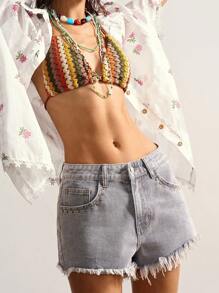 Bohemela 女式豹纹流苏下摆休闲梭织牛仔短裤 - 灰色 - 查看 6