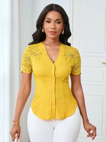 Lyxana Women's Elegant Solid Color Lace Patchwork Blouse, Summer - Yellow - View 6