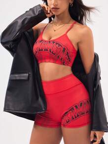 Gameset SHEIN Sport Flame Print Fitted Camisole Shorts Activewear Set, Casual Athleisure Gym Wear Gym Red Summer - Red - View 1