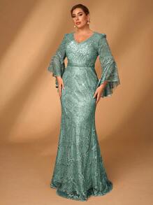 Serin Váy dài tay xẻ tà đuôi cá cổ chữ V màu hồng đậm thanh lịch & lãng mạn cỡ lớn kết hợp ngọc trai thêu cho mẹ - màu xanh lá - Xem 5