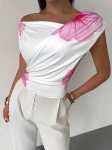 Firerie Women's Elegant Romantic Floral Print Asymmetric Draped Top, Summer Fashion, Vacation - Pink - View 8