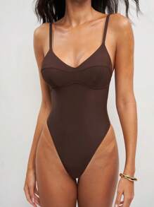 Aveloria Modichic 1 bộ đồ bơi liền thân dây mảnh màu trơn cho nữ, thời trang mùa hè - màu nâu - Xem 4