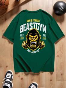 Manfinity Sport PWRUP 男式休闲大猩猩图案印花圆领短袖运动 T 恤，夏季健身服跑步 T 恤和背心 - 綠色 - 查看 2