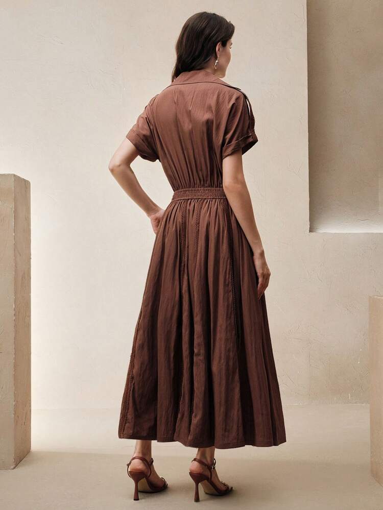 Romantic Casual Lace Patchwork Vacation Style Shirt Dress, Coffee-Color, Spring/Summer