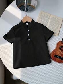 SHEIN LMoss Kids 1pc Young Boys' Casual Loose Woven Plain Stand Collar Short Sleeve Shirt Young Boys Suit Set - Black - View 7