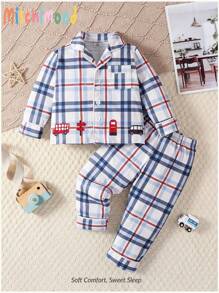 2 件装男宝宝格子汽车图案休闲长袖上衣和裤子舒适睡衣套装 - 彩色 - 查看 1