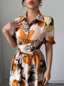 Modelyn Đầm xòe xếp ly cổ sơ mi tay bồng buộc eo cho nữ, Đầm dự tiệc thanh lịch lãng mạn - Nhiều màu - Xem 5