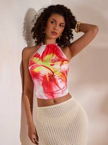 Opulessa Summer Beach Vacation Holiday Women's Floral Print Beaded Halter Neck Tie Back Tank Top - Pink - View 5