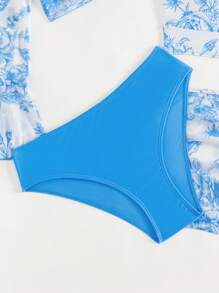 4 Piece Teen Girls Floral Print Bikini Set, For Summer Beach - Blue - View 5