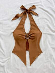 Soleia 女士休闲系带领金属扣合身不对称下摆上衣，绒面面料，西式风格，音乐节，派对，夏季