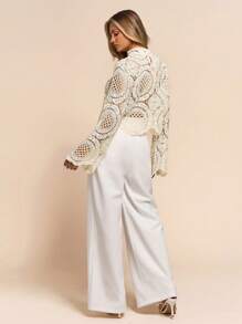 Glamine Soluble Flower Print See-Through Collar Long Sleeve Pullover Shirt,Date Night Sexy Knit Tops,Embroidered Hollowed-Out Tops,Vacation For Woman,White Embroidered Pullovers Fall For Women - Apricot - View 2