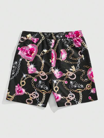 Street Life Heart & Chain Print Pocket Drawstring Waist Shorts, Suitable For Summer (In Stock)