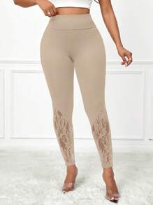 SHEIN Lady 蕾丝拼接纯色高腰女式紧身裤 - 卡其色 - 查看 4