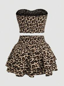 SHEIN CURVE+ Conjunto de 2 piezas sexy y minimalista de top tubo y minifalda de estampado de leopardo en talla grande