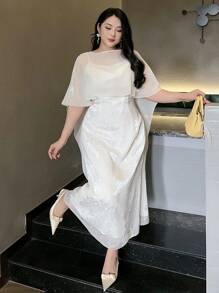 Dazy Plus Vestido longo sem mangas com estampa floral e sobreposição de chiffon transparente, conjunto de verão de 2 peças - Damasco - Ver 1