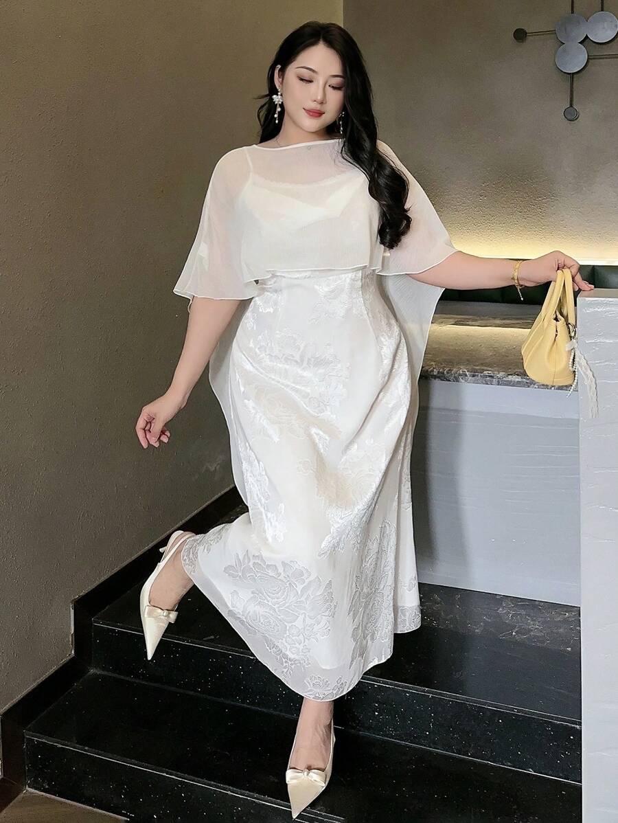 Dazy Plus Vestido longo sem mangas com estampa floral e sobreposição de chiffon transparente, conjunto de verão de 2 peças - Damasco - Ver 1