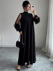 Modelyn Đầm dài thanh lịch, thoải mái, cổ đứng, tay áo đèn lồng, vải lưới tương phản thêu cho nữ - màu đen - Xem 1