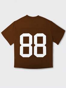 Plus Size Casual Dropped Shoulder Numeric Print Short Sleeve T-Shirt, Summer - Brown - View 2