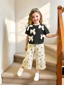 SHEIN 2pcs/Set Young Girl Bow Decor Short Sleeve T-Shirt And Pants, Casual Outfit - Multicolor - View 1